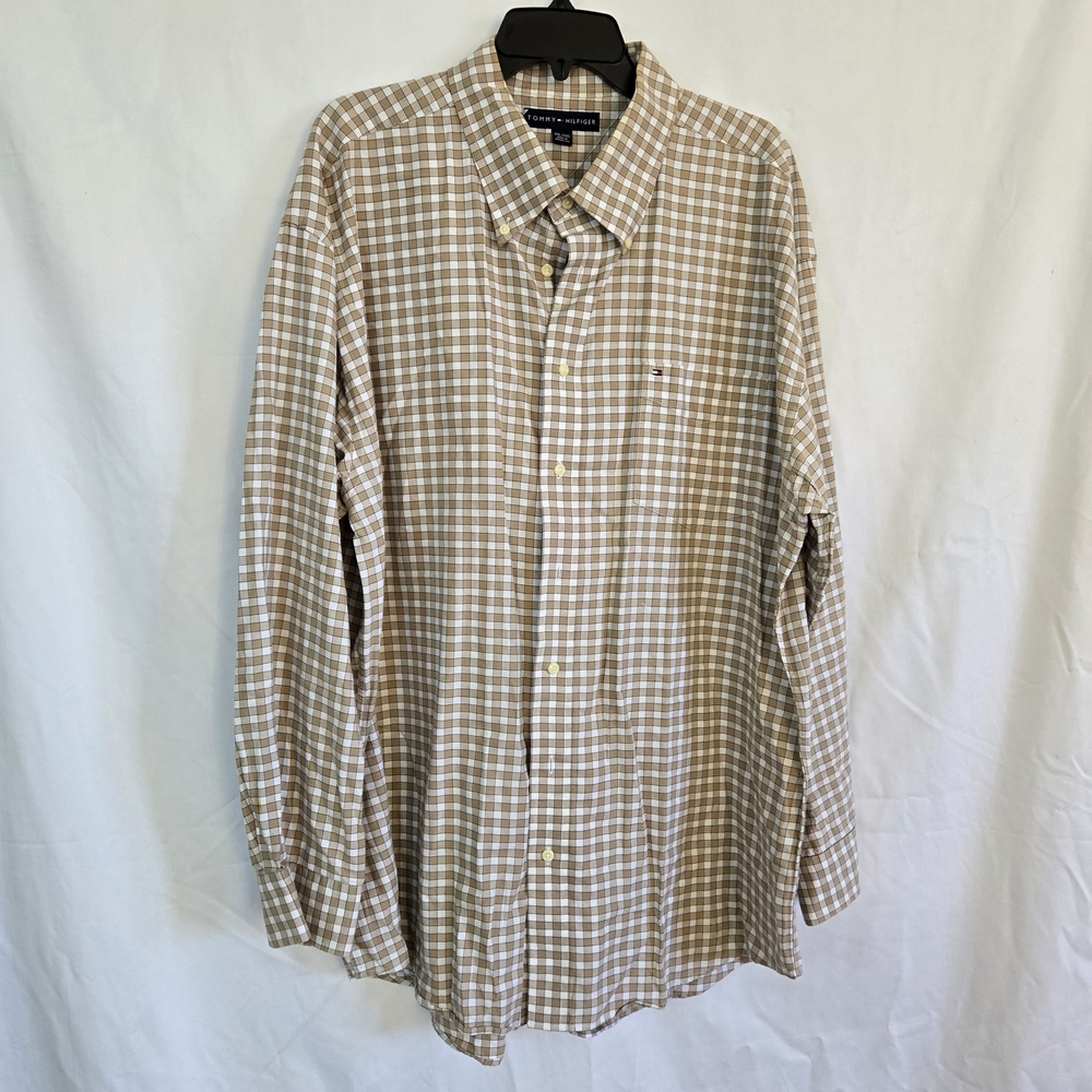 Tommy Hilfiger Men's Tan Checkered Business Casual Long Sleeve Shirt XXL Vintage